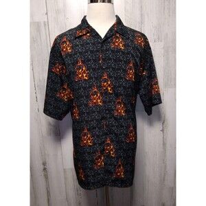Breakdown ™ Poly Camp Shirt Fire Skulls ~ Men's  sz XLarge no pocket 52" Chest